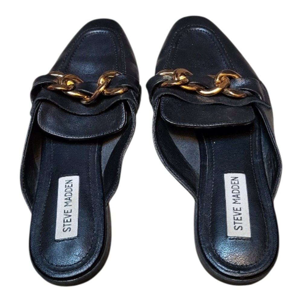 Steve Madden Black Leather Cassady Loafer Mules w/ Gold Chain - Size 9M - Picture 4 of 7